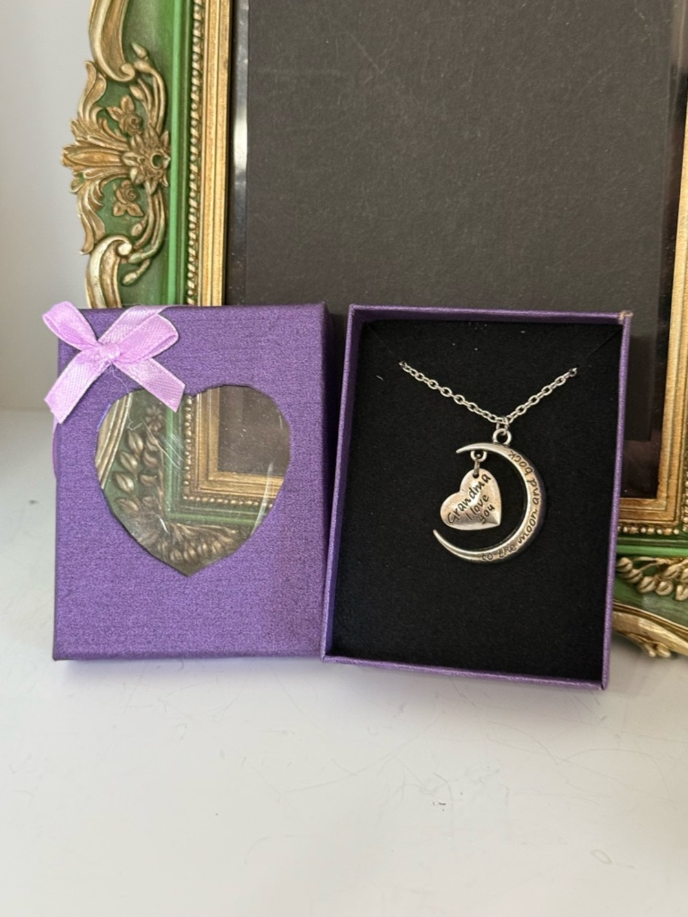 Silver Grandma Crescent Moon and Heart Pendant Necklace